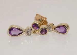 Beautiful 9carat 9k Yellow Gold Amethyst & Diamond Set Drop Earrings 1.7 grams - Picture 1 of 5