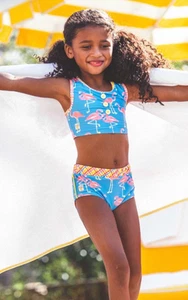 Mädchen Wildblumen Kleidung blau mit rosa Flamingos Badeanzug Bikini Größe 16 sehr guter Zustand - Bild 1 von 16