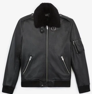 Chaqueta de Vuelo de Cuero Negra The Kooples Cuello de Oveja Pequeña Auténtica Usada - Imagen 1 de 8