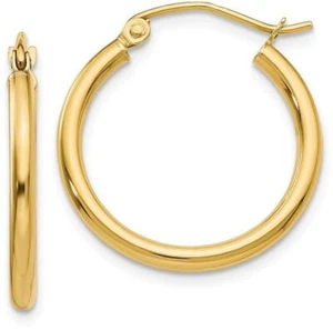 20mm 14K Yellow Gold Polished 2mm Tube Hoop Earrings T916 - Picture 1 of 4