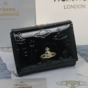 Vivienne Westwood Chiusura Portafoglio Trifold Tessuto Smaltato Nero Sfera - Foto 1 di 6