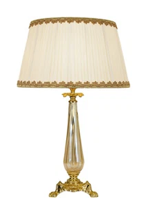 lampada da tavolo classica vetro Murano ambra e ottone con paralume seta plissé. - Imagen 1 de 4