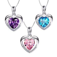 Silver Heart Crystal Stone Pendant Chain Necklace Women Gift Jewellery