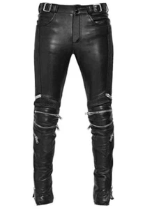 Men's Genuine Leather Pant Jeans Style 5 Pockets Motorbike Black Distress zipper - Picture 1 of 3