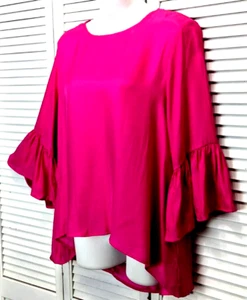 Bright Pink Silk Blouse Laroque Originals One Size Bell Sleeve Lagenlook Hi-Lo - Picture 1 of 10