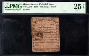 Massachusetts Colonial Note Fr#MA-276 1779 5s4d PMG 25 *Paul Revere Rising Sun* - Picture 1 of 4