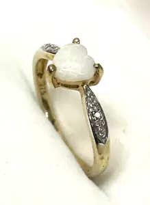 9k Yellow Gold Genuine .02ct Diamond Ladies Ring with Opal Heart Stone - Picture 1 of 6