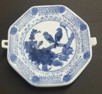 Vintage Chinese Export Ware Blue Birds on Branch Warming Dish / Plate & Hanger - Image 1 of 4