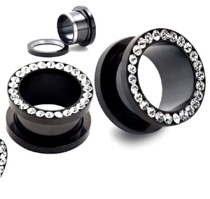 1Pair Black Steel Crystal Screw Fit Ear Stretcher Iced Flesh Tunnel Plug - Picture 1 of 2
