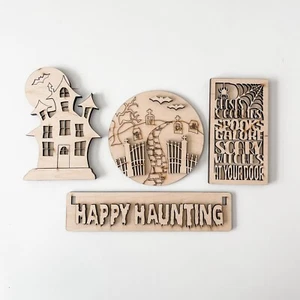 Happy Haunting Halloween DIY Wood Unfinished Blank Kit Sitter Shelf Sign Set - Picture 1 of 7