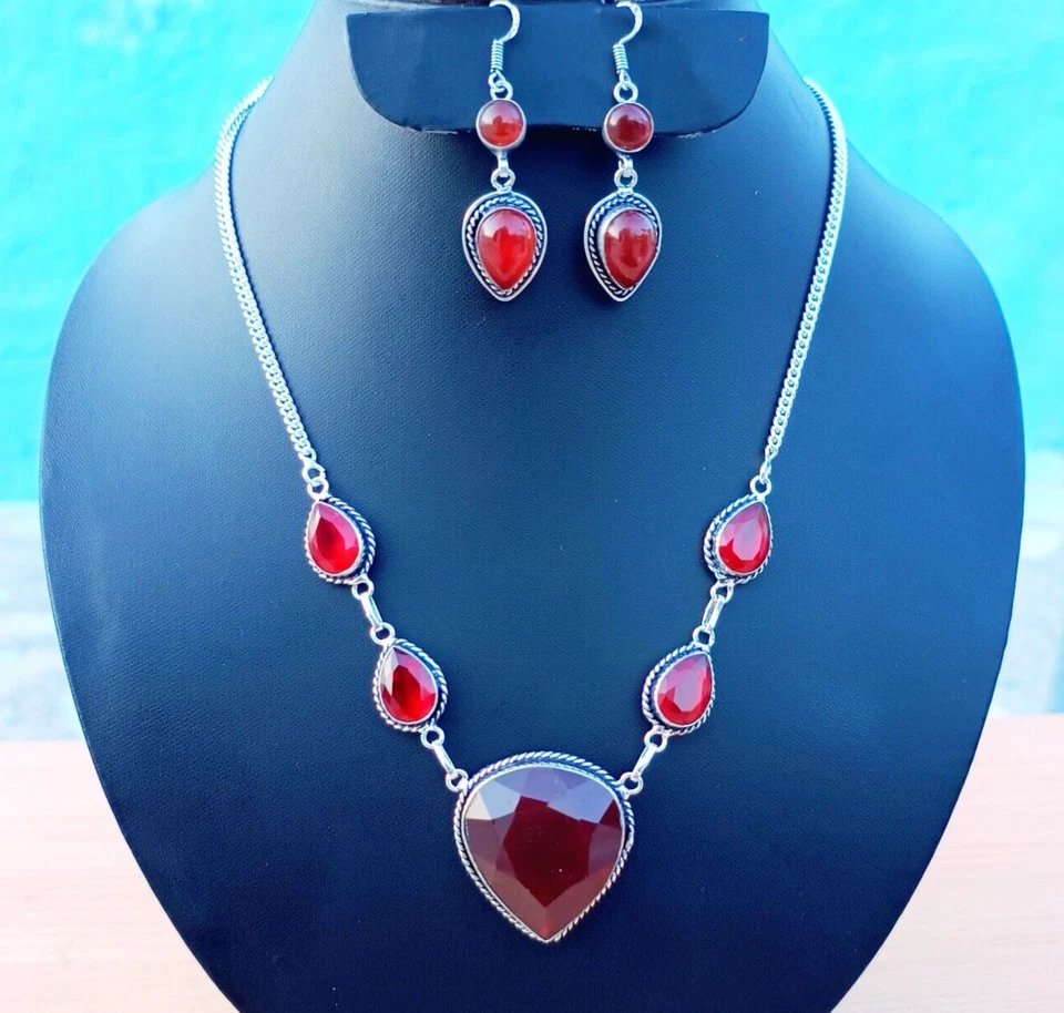Red Topaz Gemstone Jewelry Sets 925 Sterling Silver Handmade Necklace Earring - Image 1 of 4