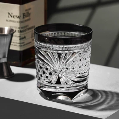 Whisky Glass Tumbler Japanese Style Edo Kiriko Glass Hand Cut To Clear 9oz Black - Image 1 of 4