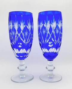 Edo Kiriko Made in Japan Crystal Tall Glass Whisky Cup Blue Set of 2 - Picture 1 of 9