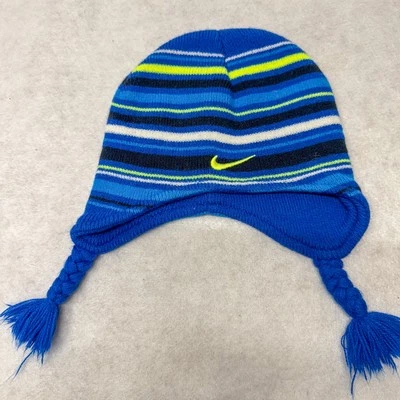 Nike Infantil Tejido Gorro Azul Rayas Invierno Sombrero Oreja Solapa Trenzada Borla Gorra Foto 1 de 4