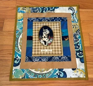 Quilted table topper with dogs/ Wall Hanging, 17.5 x 15 in, brown & blue - Picture 1 of 7