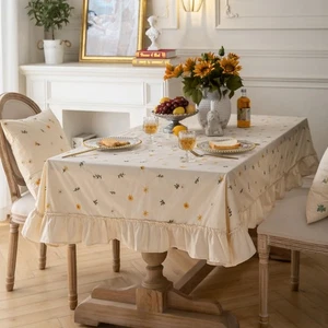 Cotton Ruffle Tablecloth Farmhouse Embroidery Floral Beige Table Cover for Ki... - Picture 1 of 7