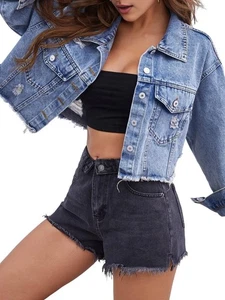 Giacca jeans donna cropped denim invecchiato con bottoni manica lunga2720 - Foto 1 di 13