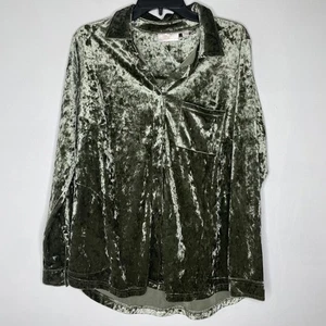 Camicia Belle by Kim Gravel M verde oliva velluto schiacciato bottoni loungewear - Foto 1 di 7