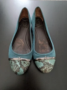 Tory Burch Bright Navy ( teal) Pacey Suede Faux Snake Flats Size 8.5 $295 Shoes - Picture 1 of 11