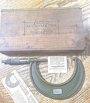 Lufkin Micrometer 1944 3-4" .001, Ratchet Cap, Lever Lock. Wood Box. Saginaw MI. - Image 1 of 4
