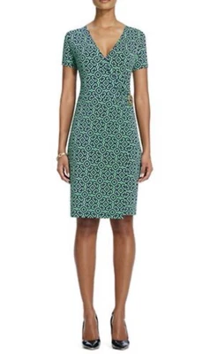 Jones NY Dress Green Blue White PL Petite Large Stretch Faux Wrap Washable - Image 1 of 4