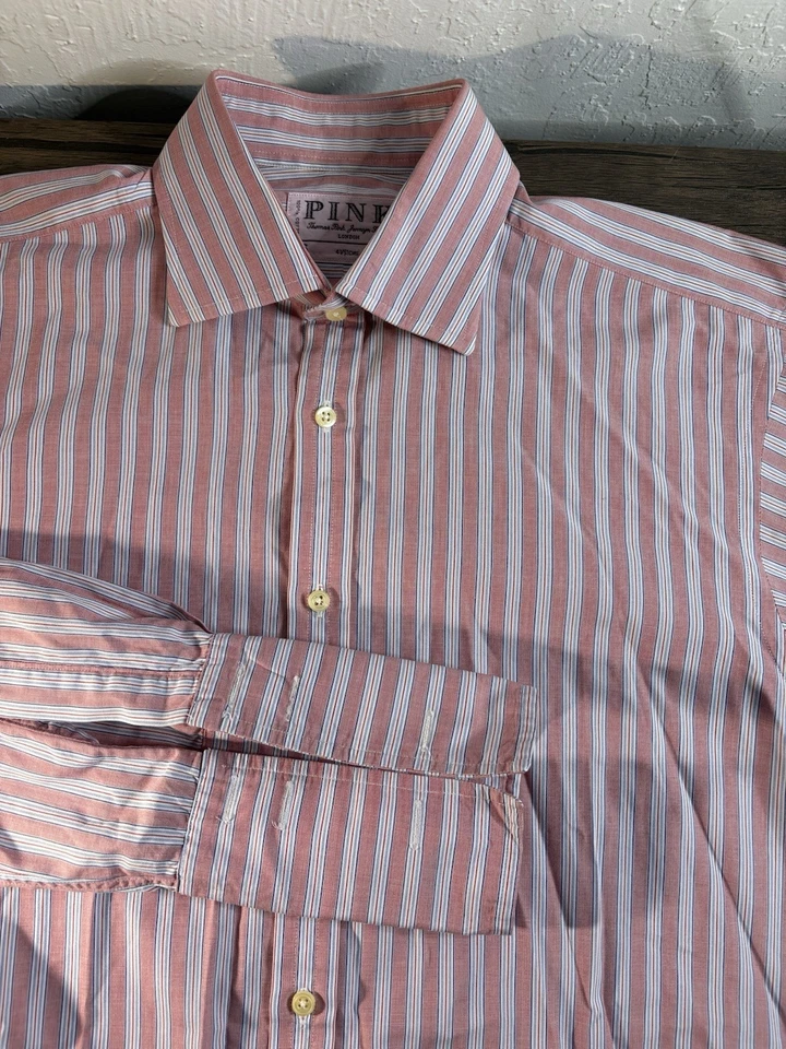 Thomas Pink Shirt Mens 16 36 Striped Red Blue French Cuff Superfine Two Fold - Image 1 of 4