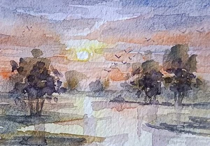 original watercolor painting ACEO Sunset river rural trees evening sky SIBY - Picture 1 of 3