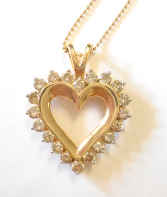 Colgante Corazón Grande 30mm Oro Amarillo 14K Coñac 3mm Diamantes Cuentas Collar Foto 1 de 4