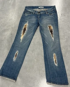 Women’s Custom Y2K Distressed Jeans Size 31x30 Leopard Patch Skull Pockets - Picture 1 of 7