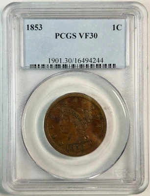 1853 P Braided Hair Cent PCGS VF-30 BN Brown - Image 1 of 2