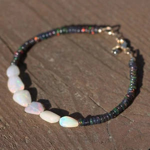 Natural Welo and Black Opal Bracelet Solid 14K Gold 12th 14th 34th Anniversary - Picture 1 of 11