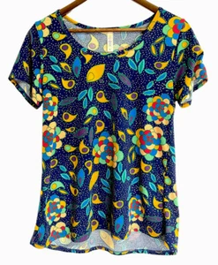 LuLaRoe Shirt Womens Small Paisley Floral Blue Yellow Short Sleeve Top - Picture 1 of 7