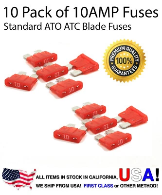 Premium 10 Pack 10 AMP Automotive ATO ATC Standard Blade Fuses 10A - Image 1 of 4