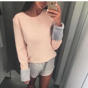 Zara | NWT Faux Fur Sleeve Faux Suede Top Trim Light Pink Grey Gray Pullover M - Picture 1 of 12
