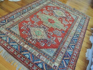 4x5 4x6 Turkish Kazak Oriental Area Rug Red Blue Green Yellow Orange Geometric - Picture 1 of 11