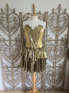 Vintage gold designer Carole Lee embroidered whimsical 80s dress M - Picture 1 of 12