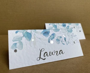 6x Personalizado NOMBRE Lugar TARJETA Azul Hoja de Eucalipto Mesa Set Decoración Boda - Imagen 1 de 8
