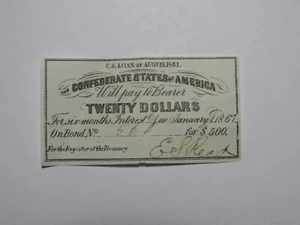 $20 1861 Confederate Bond Coupon Certificate Currency Bank Note Bill UNC - Picture 1 of 2