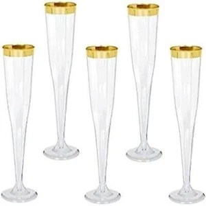 Classic Champagne 30 Plastic Disposable Flutes for Parties Plastic cups Gold Rim - Picture 1 of 3