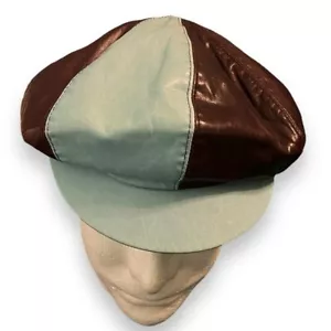 Tracy Watts NY Leather Flat Cap Brown Blue Newsboy Cabbie Retro 70s Moto style - Picture 1 of 9