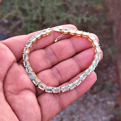 Blue topaz Tennis Silver Bracelet Solid 925 Sterling Silver Jewelry Women Gift Foto 1 de 4