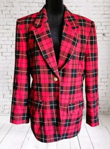 Pendleton Womens Classic 2 Button Blazer Size 16 Red Plaid 100% Wool Jacket USA - Picture 1 of 5