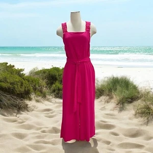 Pink Wide Leg Linen Blend Jumpsuit Ruffle Straps Tie Waist Beachy Boho Chic - Picture 1 of 11