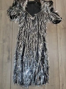 Vintage US Womens M Neck Sleeved Silver Sparkling Sequin Fringe Cocktail Dress - Picture 1 of 10