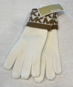 $42 Michael Kors Knit Gloves White/Cream w/ Camel Mk Logo Wrist Band * - Picture 1 of 4