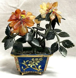 20th Century Chinese Jade Agate Plant Bonsai Tree Cloisonne Pot 12cm Vintage - Picture 1 of 12