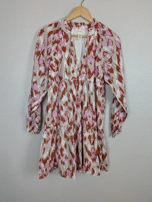 Vestido Jessica Simpson Mujer M Rosa Estampado Manga Larga Algodón en Niveles Cuello 222 Foto 1 de 4