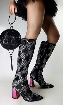 Betsey Johnson NAOMY Houndstooth velvet Rhinestone Boots Size 7.5 new in box  - Image 1 of 4