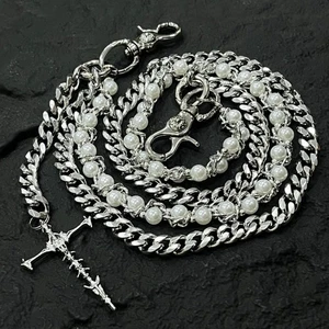 Mens Cross Pearl Beaded Wallet Chain Keychain Links Jeans Pants Chain for Women - Picture 1 of 12