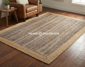 Rectangular natural Braided Jute Area Rug, brown Natural Border Earthy Floor Mat - Picture 1 of 7